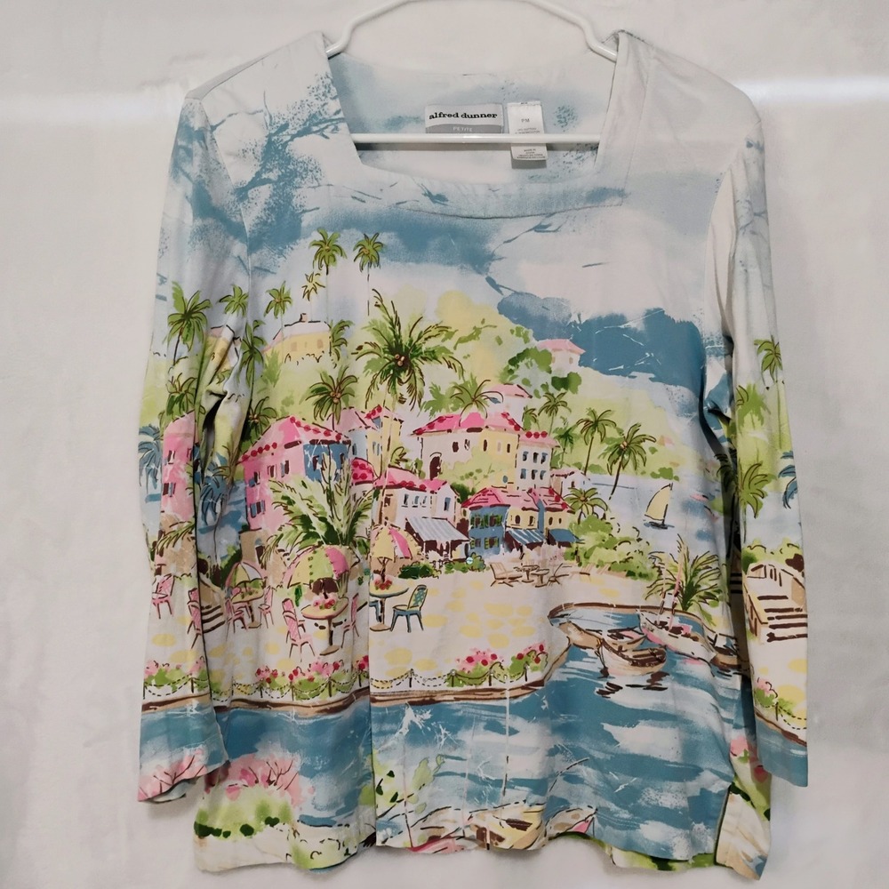Alfred Dunner Petite Medium Tropical Harbor Scenic Print Square Neck Top Blue W